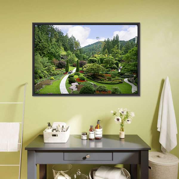 Beautiful Butchart Garden Canvas Wall Art in green and multicolor, framed canvas, product view on a white background
