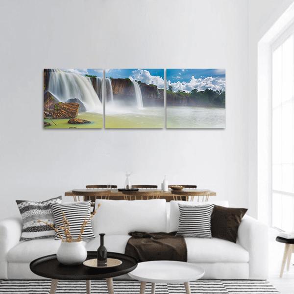 Dray Nur Waterfall Panoramic Canvas Wall Art in white, green and blue, hung on a wall