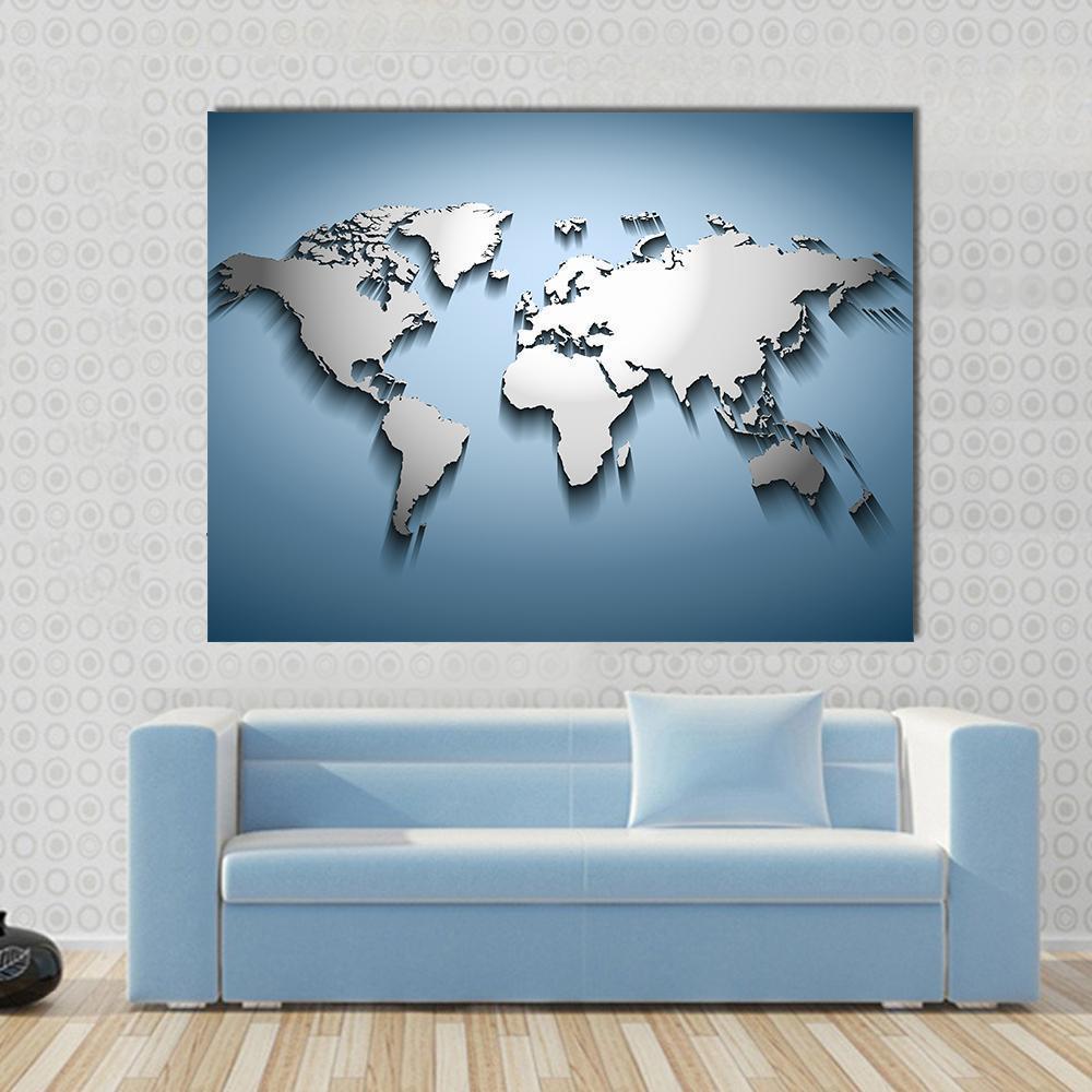 Embossed World Map Canvas Wall Art in gray, silver and blue, single panel hung on a wall