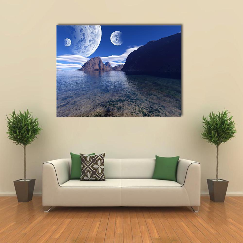 Three Moons Over Alien Shoreline Canvas Wall Art in white, blue and navy, single panel hung on a wall