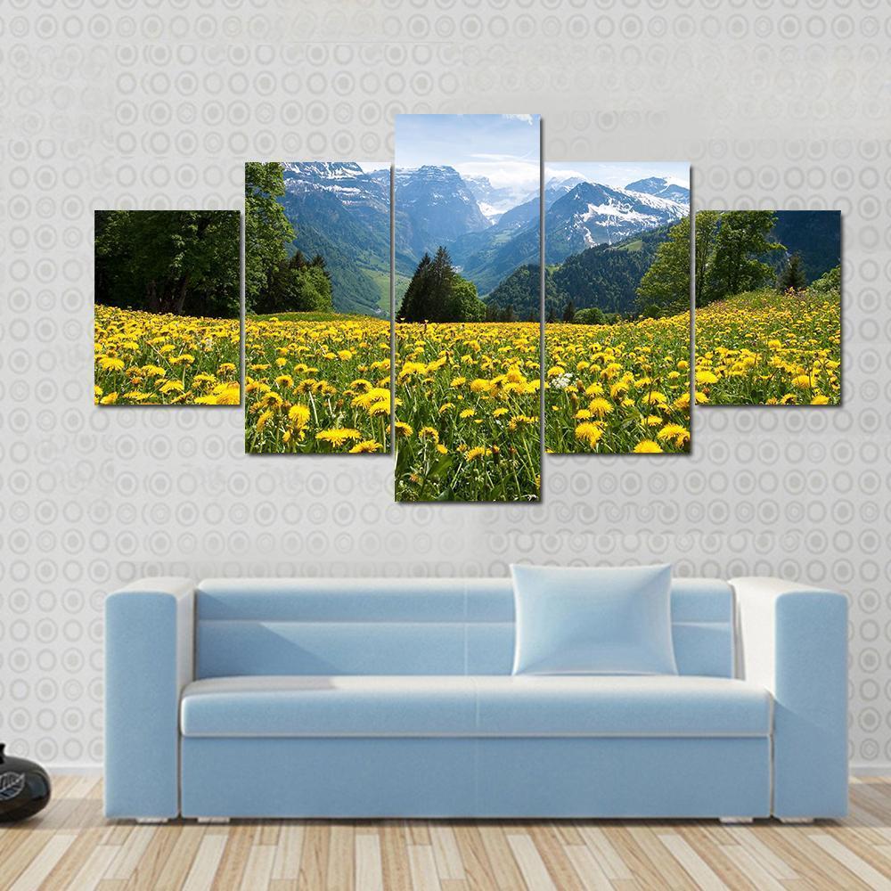 Blossoming Field Switzerland Canvas Wall Art-5 Star-Gallery Wrap-62" x 32"-Tiaracle