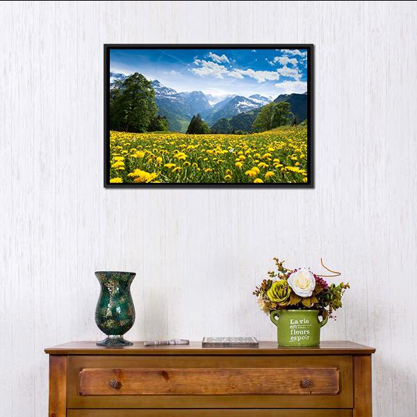 Blossoming Field Switzerland Canvas Wall Art-1 Piece-Floating Frame-24" x 16"-Tiaracle