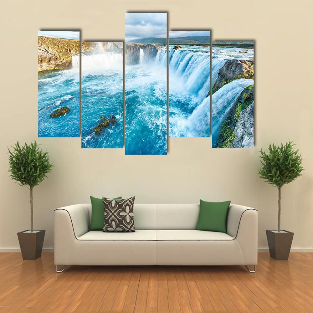 Beautiful Godafoss Waterfall Canvas Wall Art-5 Pop-Gallery Wrap-47" x 32"-Tiaracle
