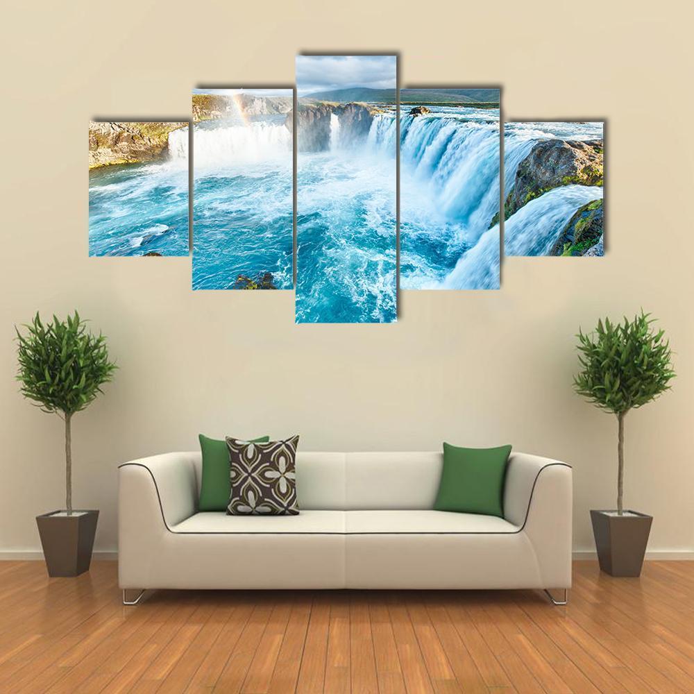 Beautiful Godafoss Waterfall Canvas Wall Art-5 Star-Gallery Wrap-62" x 32"-Tiaracle