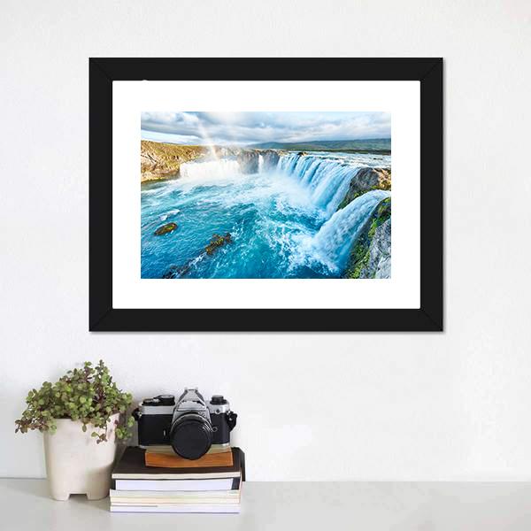 Beautiful Godafoss Waterfall Canvas Wall Art-1 Piece-Framed Print-20" x 16"-Tiaracle