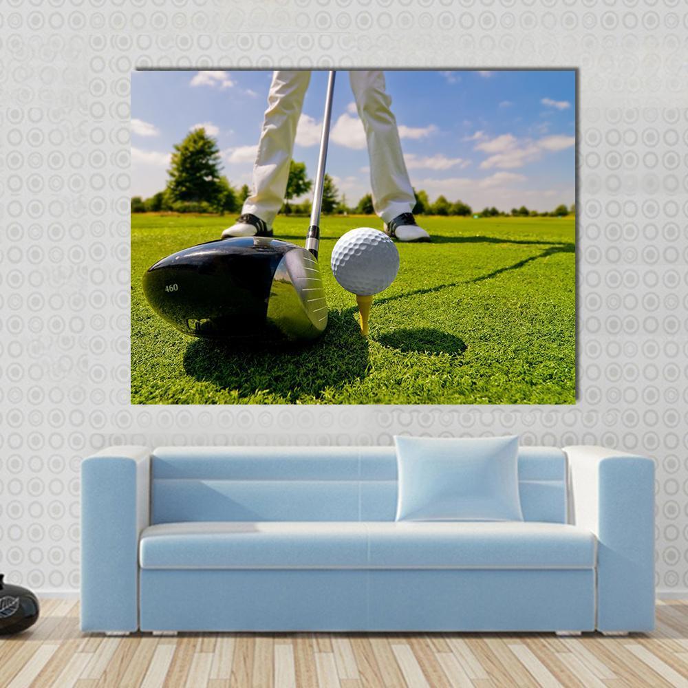 Golf Player Artwork Canvas Wall Art in white, green and blue, single panel hung on a wall