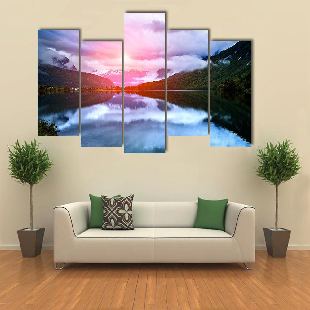 Beautiful Lake In Norway Canvas Wall Art-5 Pop-Gallery Wrap-47" x 32"-Tiaracle