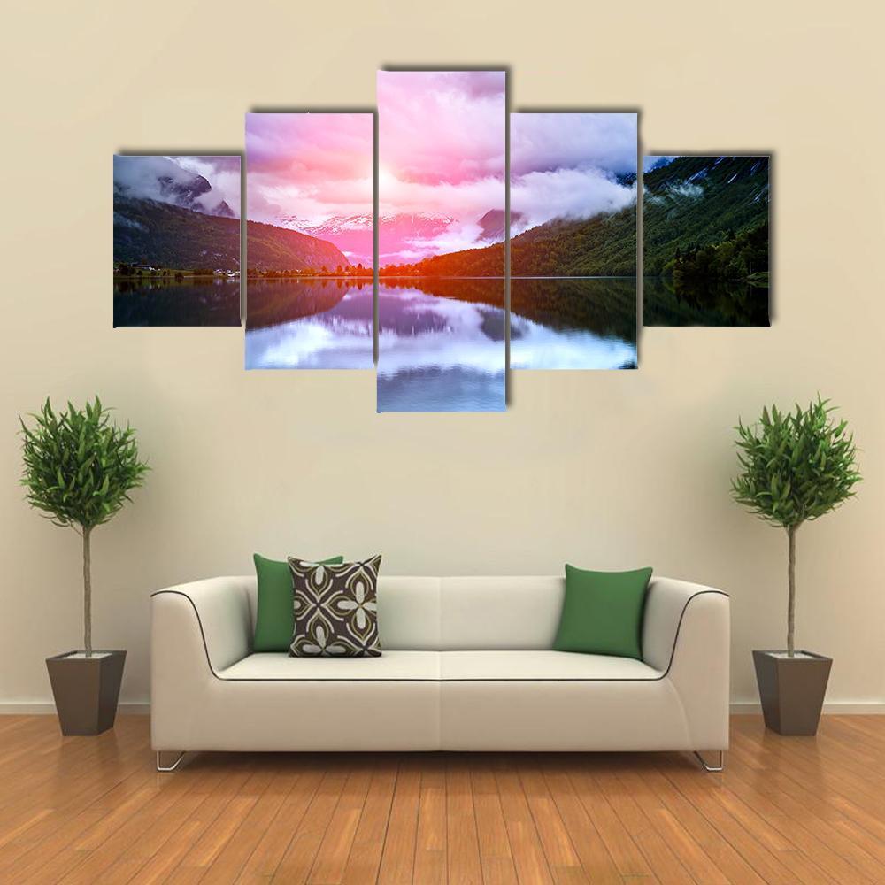 Beautiful Lake In Norway Canvas Wall Art-5 Star-Gallery Wrap-62" x 32"-Tiaracle
