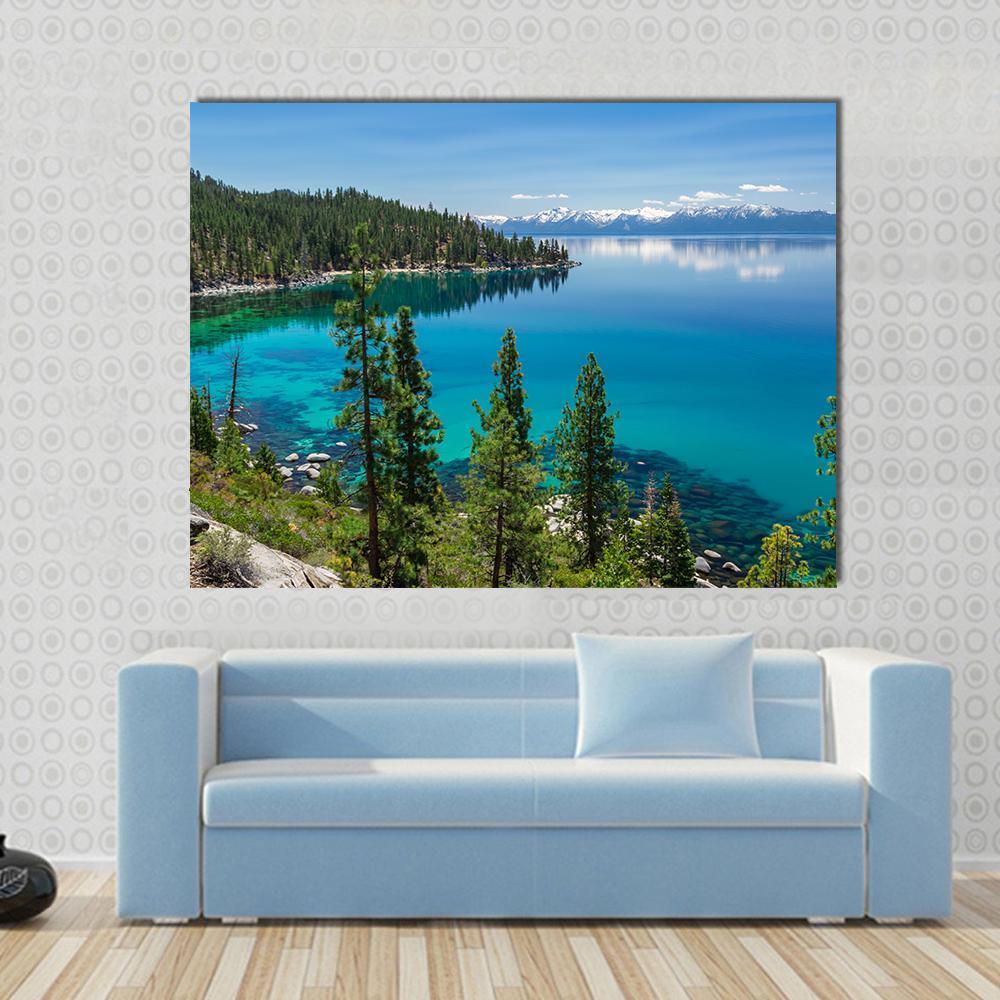 Lake Tahoe &amp; Sierra Nevada Mountains Canvas Wall Art in green and blue, single panel hung on a wall