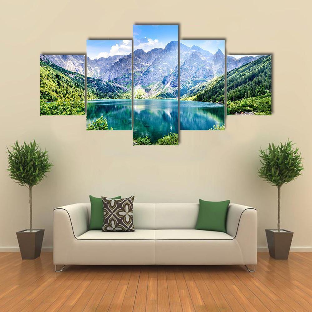 Beautiful Lake With Mountain Canvas Wall Art-5 Star-Gallery Wrap-62" x 32"-Tiaracle