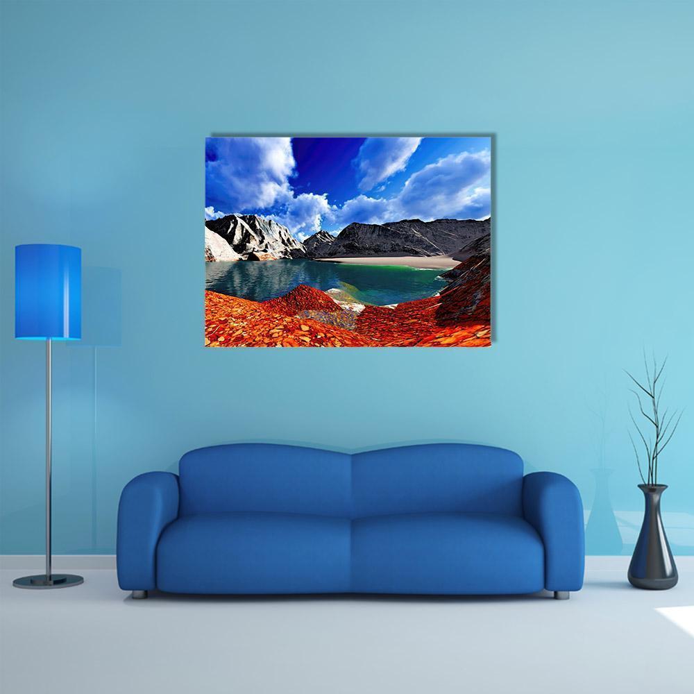 Mountain Lake with Turquoise Water Canvas Wall Art in gray, orange and blue, single panel hung on a wall