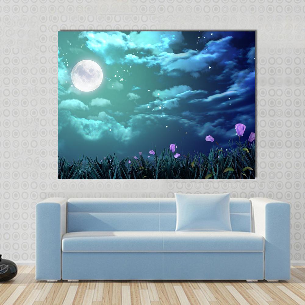 Beautiful Moon at Night Canvas Wall Art in white, blue and navy, single panel hung on a wall