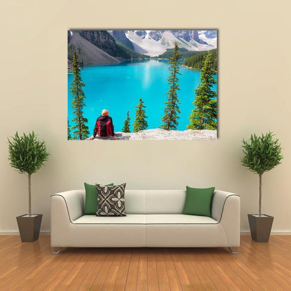 Moraine Lake with Snow-capped Peaks Canvas Wall Art in gray, green and blue, single panel hung on a wall