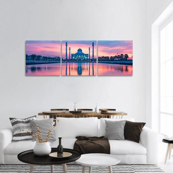 Reflection Of Mosque In Lake Panoramic Canvas Wall Art-3 Piece-25" x 08"-Tiaracle