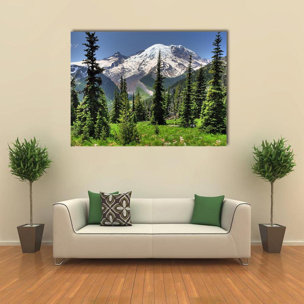 Mt Rainier and Pine Trees Canvas Wall Art in white, green and blue, single panel hung on a wall