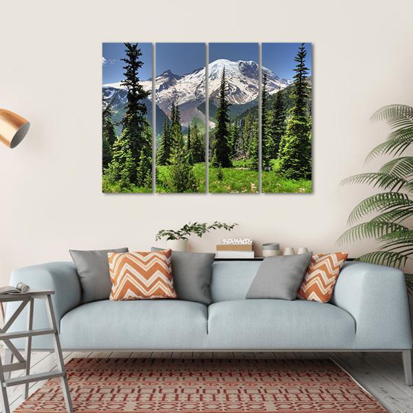 Mt Rainier & Pine Trees Canvas Wall Art-4 Horizontal-Gallery Wrap-34" x 24"-Tiaracle