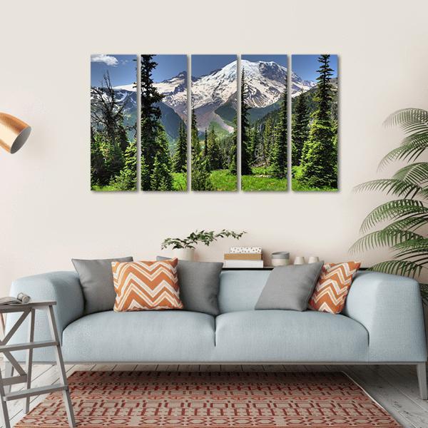 Mt Rainier & Pine Trees Canvas Wall Art-5 Horizontal-Gallery Wrap-22" x 12"-Tiaracle