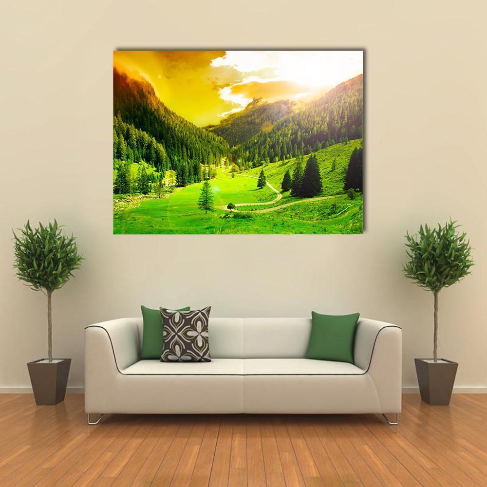 Mountain Valley at Golden Sunrise Canvas Wall Art in gold, yellow and green, single panel hung on a wall