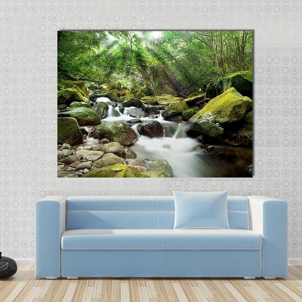 Beautiful Mountain River Canvas Wall Art in white, gray and green, single panel hung on a wall
