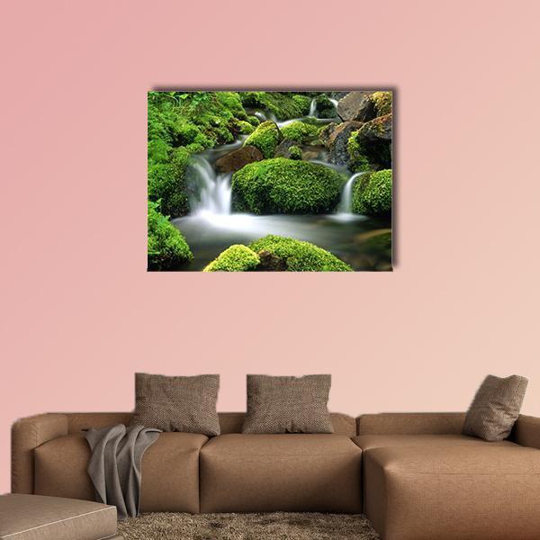Mountain Stream with Moss-covered Rocks Canvas Wall Art in gray, brown and green, single panel hung on a wall