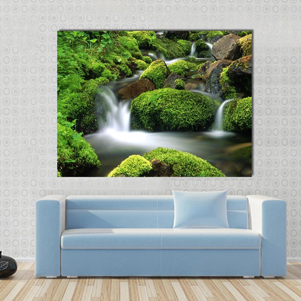 Beautiful Mountain Stream Canvas Wall Art in white, gray and green, single panel hung on a wall