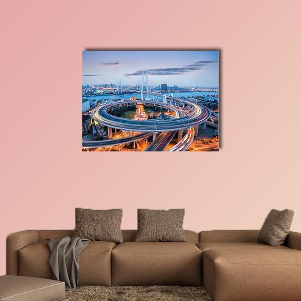 Nanpu Bridge at Dusk Canvas Wall Art in gray, orange and blue, single panel hung on a wall