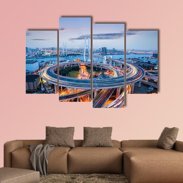 Nanpu Bridge At Dusk Canvas Wall Art-4 Pop-Gallery Wrap-50" x 32"-Tiaracle