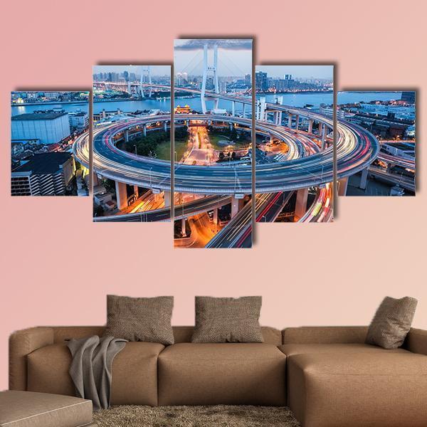 Nanpu Bridge At Dusk Canvas Wall Art-5 Star-Gallery Wrap-62&quot; x 32&quot;-Tiaracle