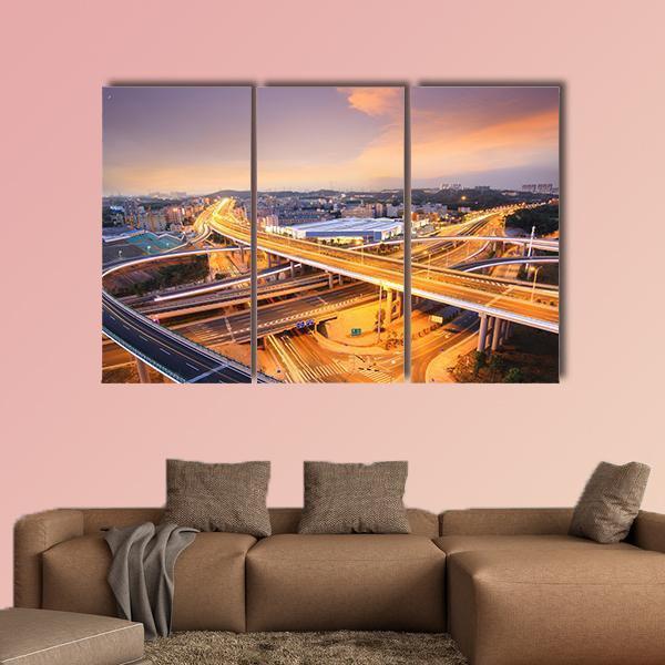 Overpass In The Night Canvas Wall Art-3 Horizontal-Gallery Wrap-37" x 24"-Tiaracle
