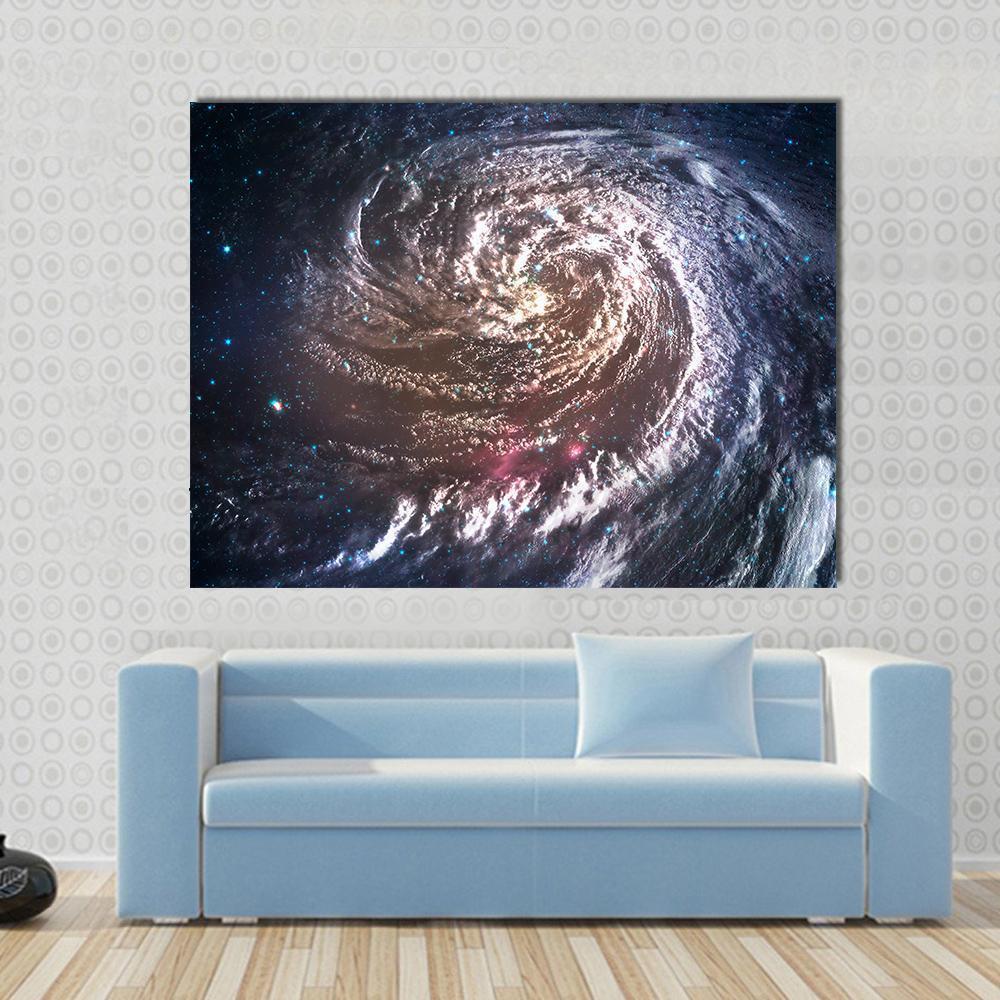Spiral Galaxy in Deep Space Canvas Wall Art in black, white and blue, single panel hung on a wall