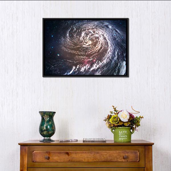 Spiral Galaxy in Deep Space Canvas Wall Art in black, white and blue, framed canvas, product view on a white background