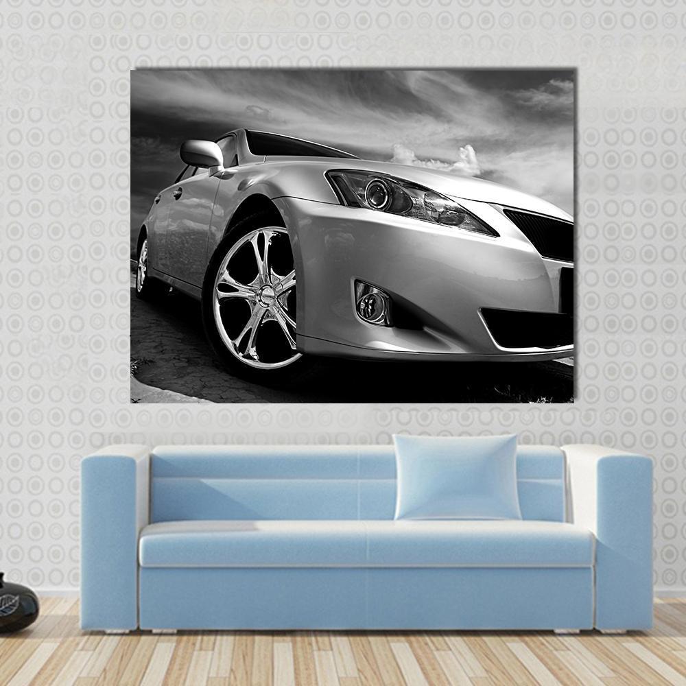 Powerful Sports Car Canvas Wall Art in black, gray and silver, single panel hung on a wall