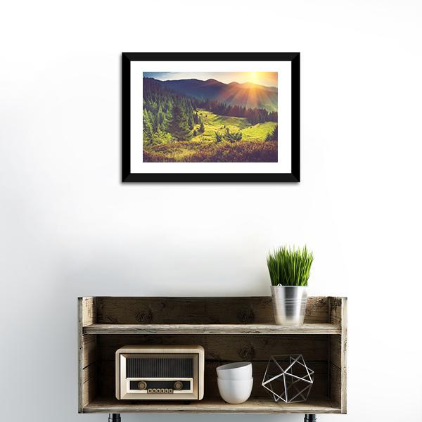 Beautiful Summer Landscape Canvas Wall Art in yellow, green and blue, framed print, product view on a white background