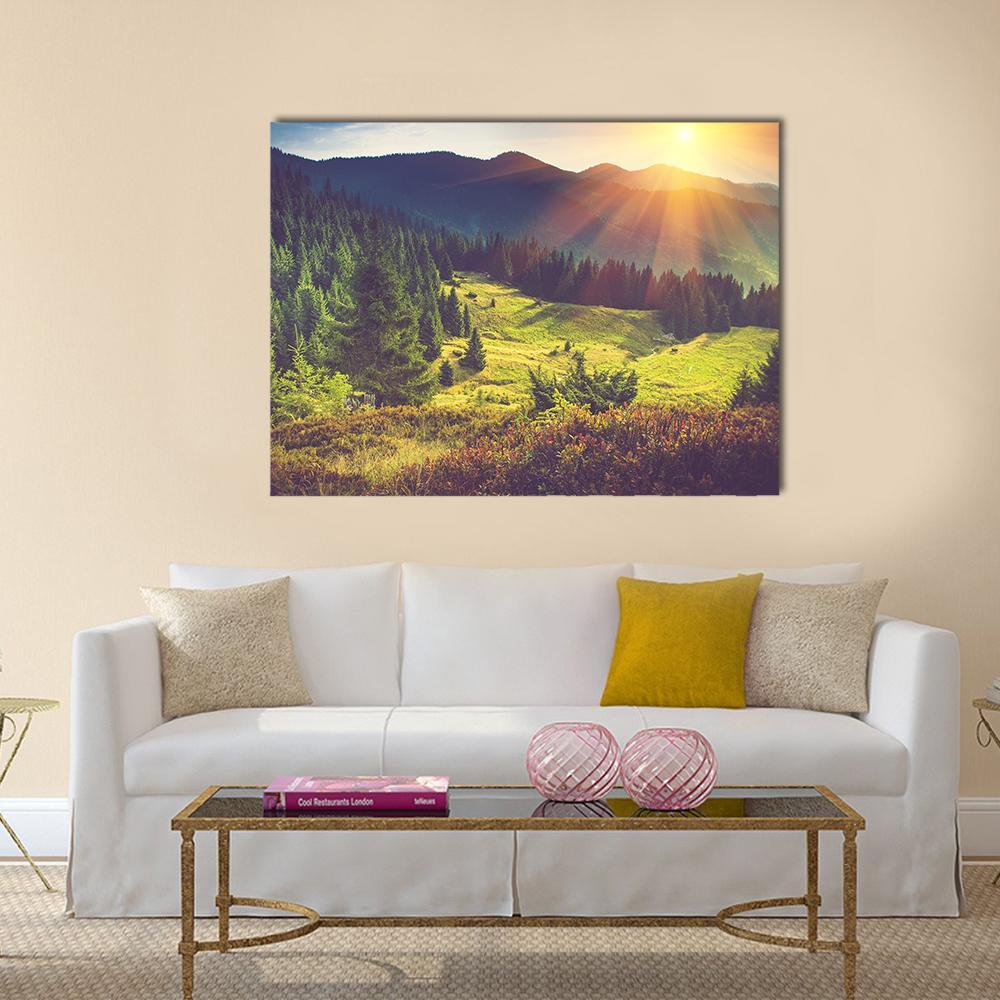 Beautiful Summer Landscape Canvas Wall Art in yellow, green and blue, single panel hung on a wall