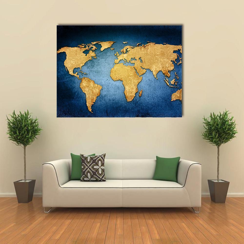 Gold Leaf World Map on Dark Blue Background Canvas Wall Art in gold, blue and navy, single panel hung on a wall
