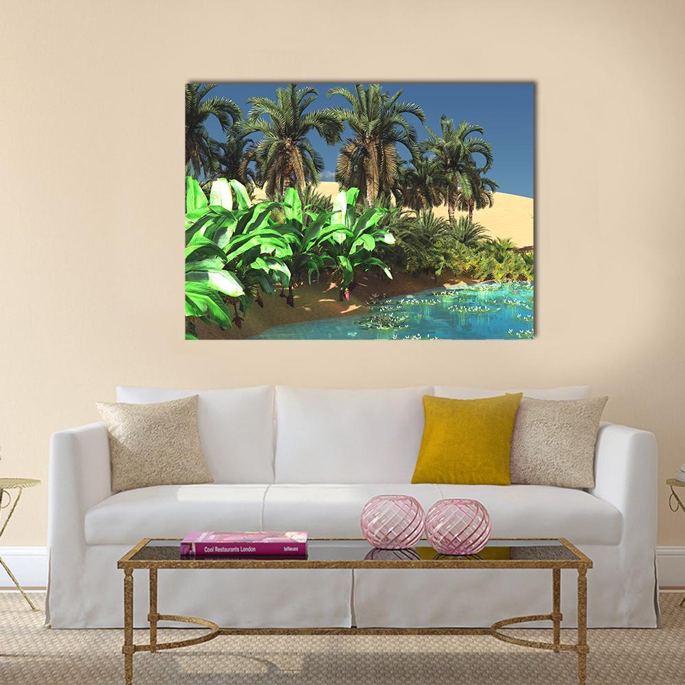 Tropical Oasis with Palm Trees and Lily Pads Canvas Wall Art in beige, green and blue, single panel hung on a wall