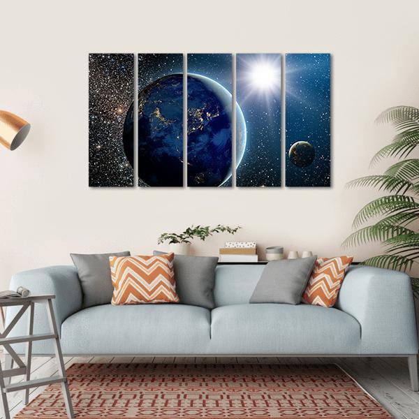 Earth &amp; Sun From Space Canvas Wall Art-5 Horizontal-Gallery Wrap-22" x 12"-Tiaracle