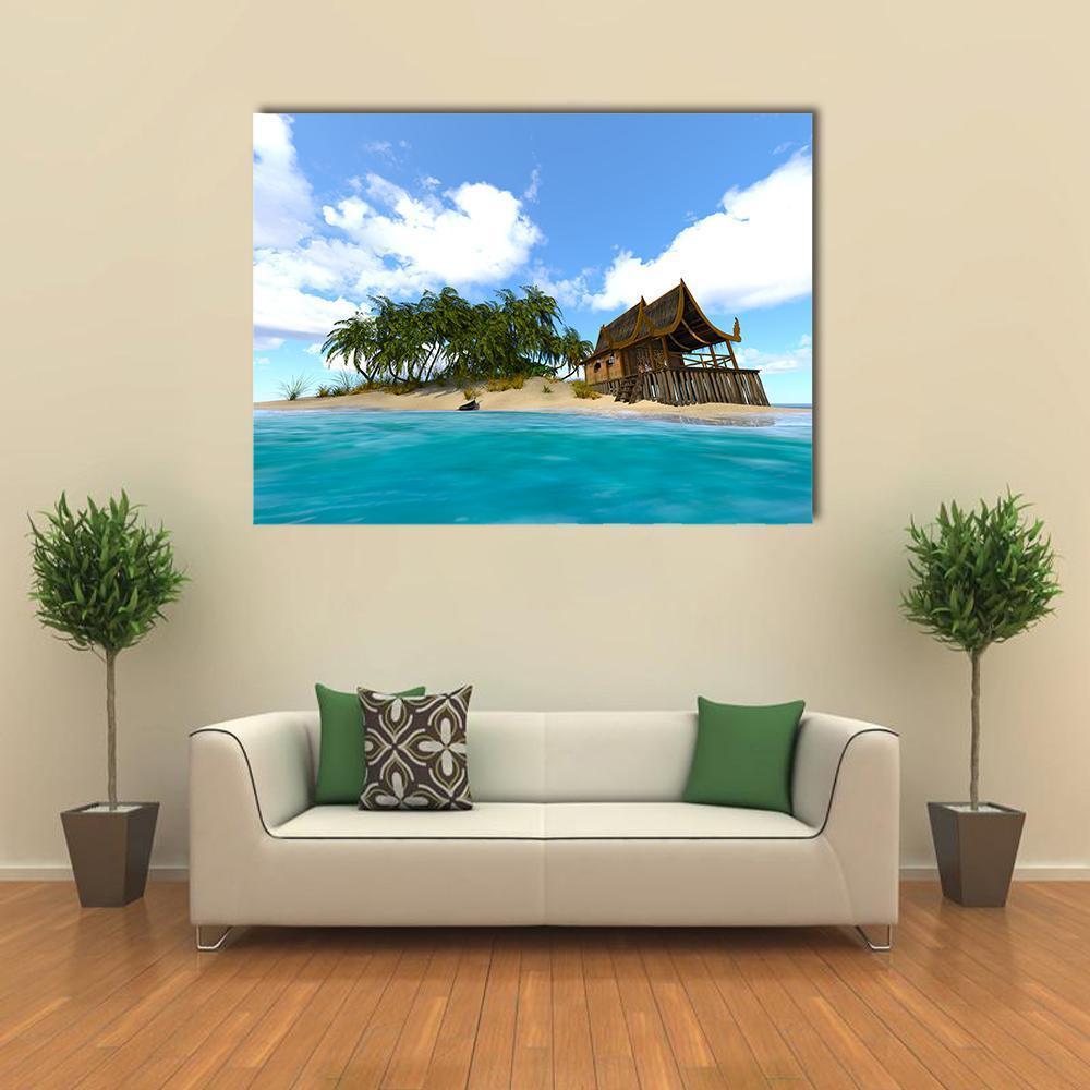 Tropical Island Stilt Hut Over Turquoise Water Canvas Wall Art in white, green and blue, single panel hung on a wall