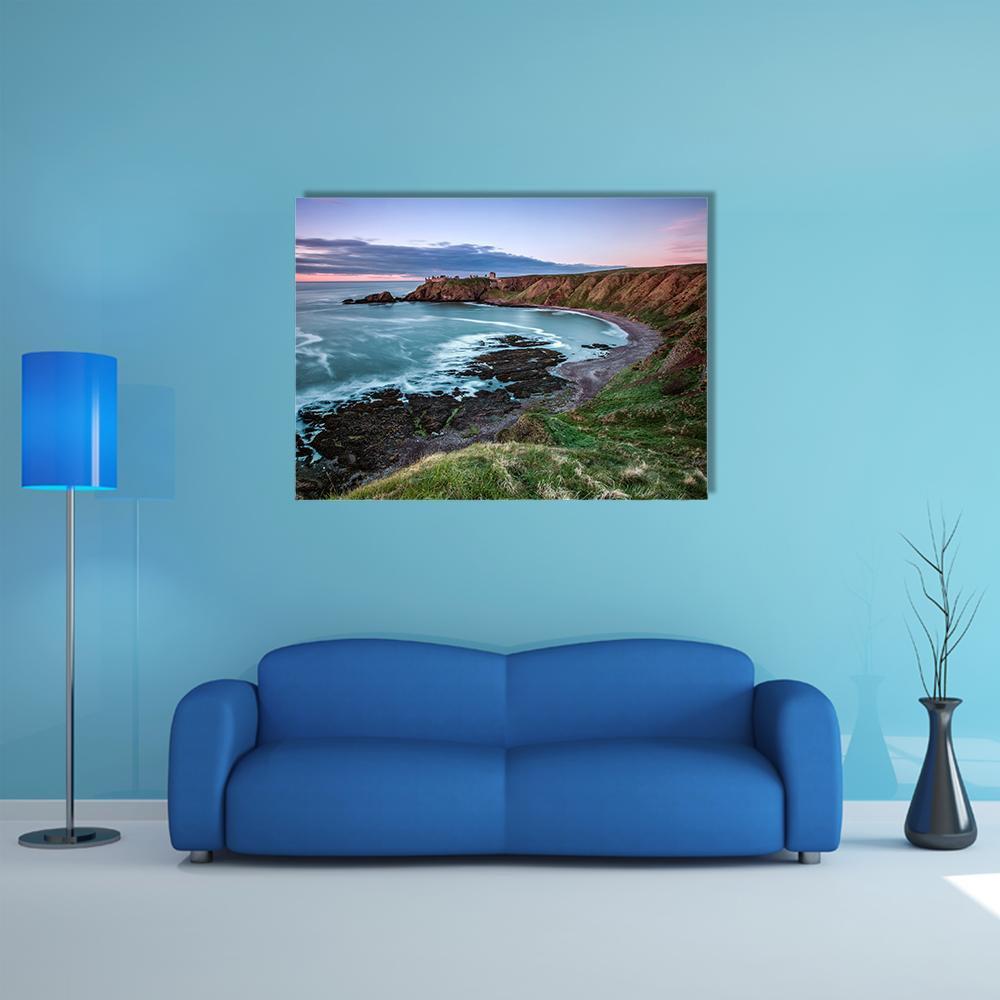 Castle Point Coastal Cliffs at Dusk Canvas Wall Art in green, blue and purple, single panel hung on a wall