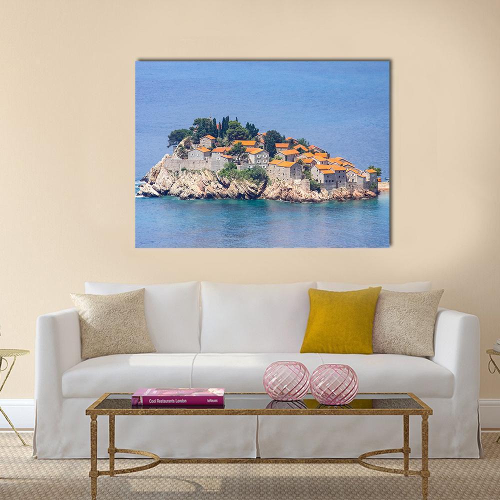 Island Village on Adriatic Sea Canvas Wall Art in gray, orange and blue, single panel hung on a wall
