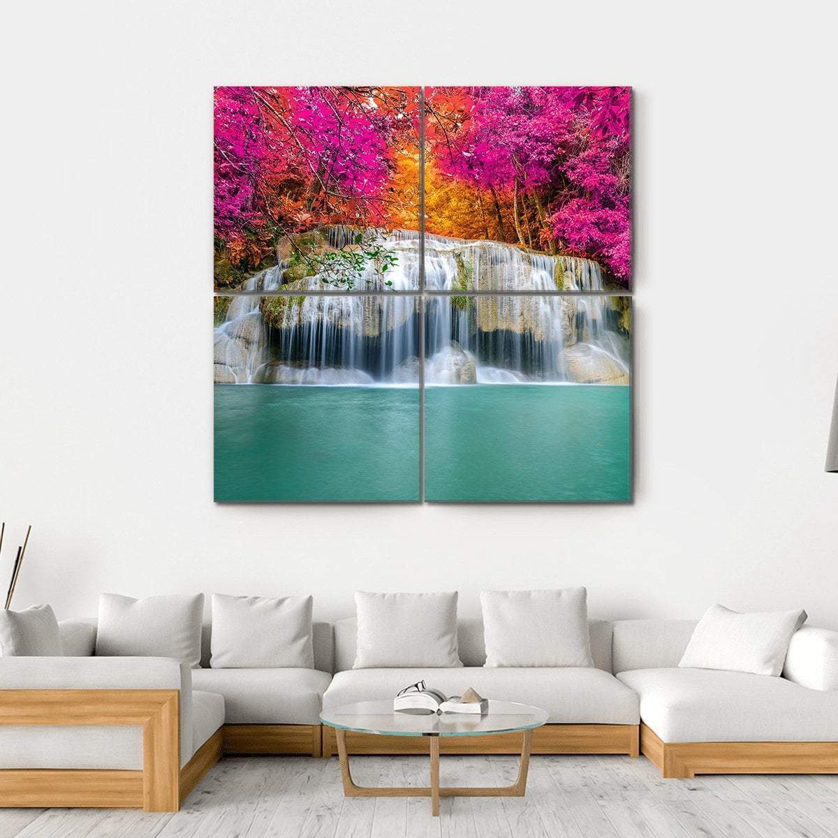 Waterfall With Pink Trees Canvas Wall Art-4 Square-Gallery Wrap-17" x 17"-Tiaracle