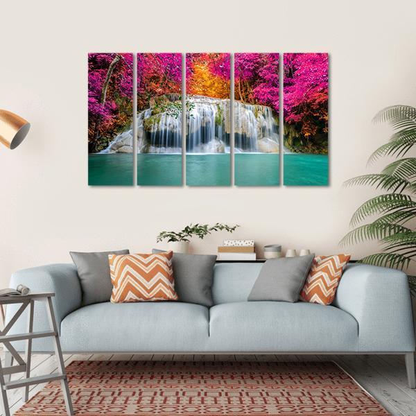 Waterfall With Pink Trees Canvas Wall Art-4 Horizontal-Gallery Wrap-34" x 24"-Tiaracle