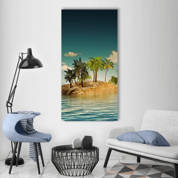 Tropical Island with Palm Trees Vertical Canvas Wall Art in beige, green and blue, single vertical panel hung on a wall