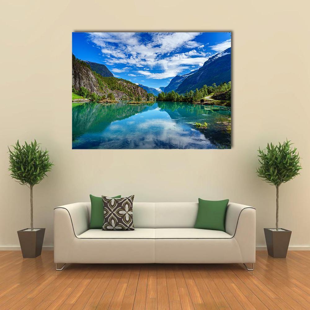 Norway Mountain Lake Reflection Canvas Wall Art in white, green and blue, single panel hung on a wall