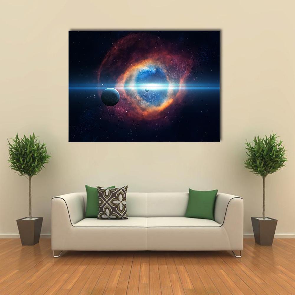 Nebula and Two Planets with Blue Light Beam Canvas Wall Art in black, orange and blue, single panel hung on a wall