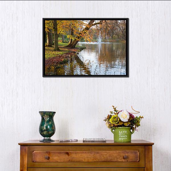 Beech Trees Near Pond Canvas Wall Art-1 Piece-Floating Frame-24" x 16"-Tiaracle