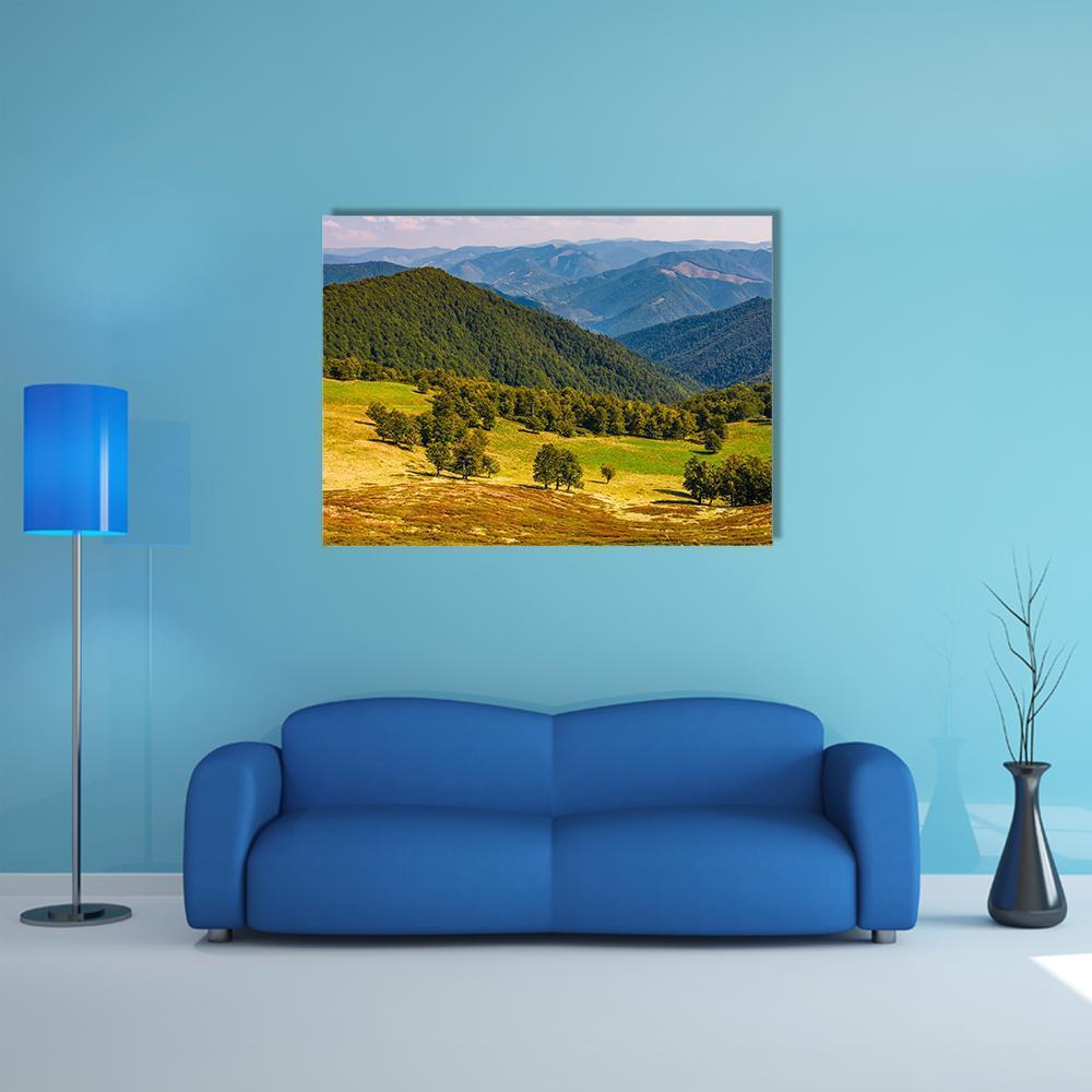 Beech Trees on Rolling Hills Canvas Wall Art in yellow, green and blue, single panel hung on a wall
