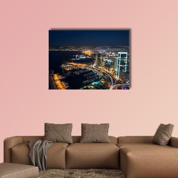 Beirut Night Marina Skyline Canvas Wall Art in black, yellow and blue, single panel hung on a wall