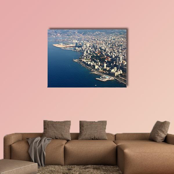 Beirut Coastal Skyline Over Harbor Canvas Wall Art in white, gray and blue, single panel hung on a wall