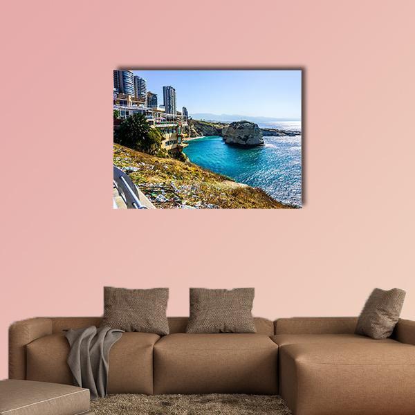 Raouche Rocks &amp; Sea Canvas Wall Art-1 Piece-Gallery Wrap-48" x 32"-Tiaracle